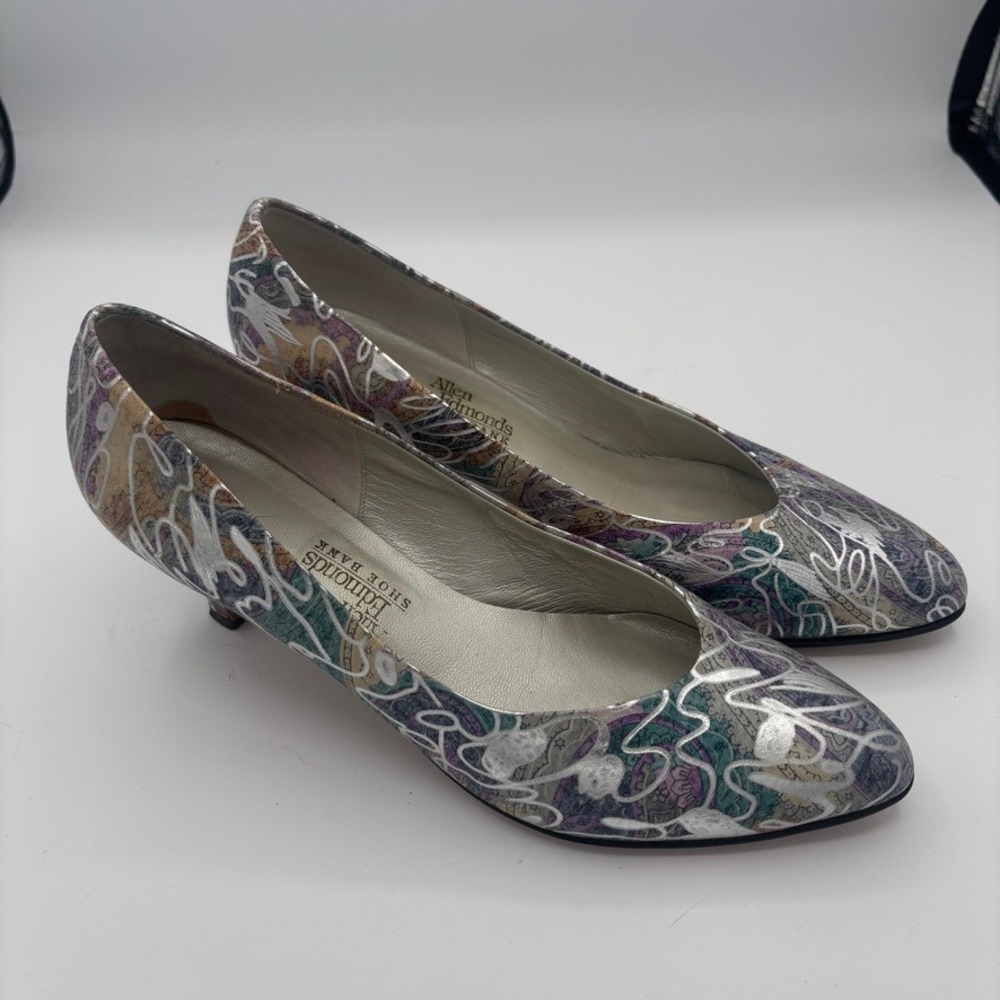 Vintage Whimisgoth Pumps 90s Sz 9 Multicolor Metallic Abstract Kitten Heel
